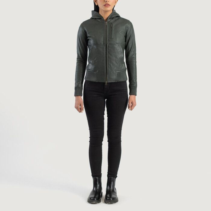 Luna Green Hooded Leather Bomber Jacket 3