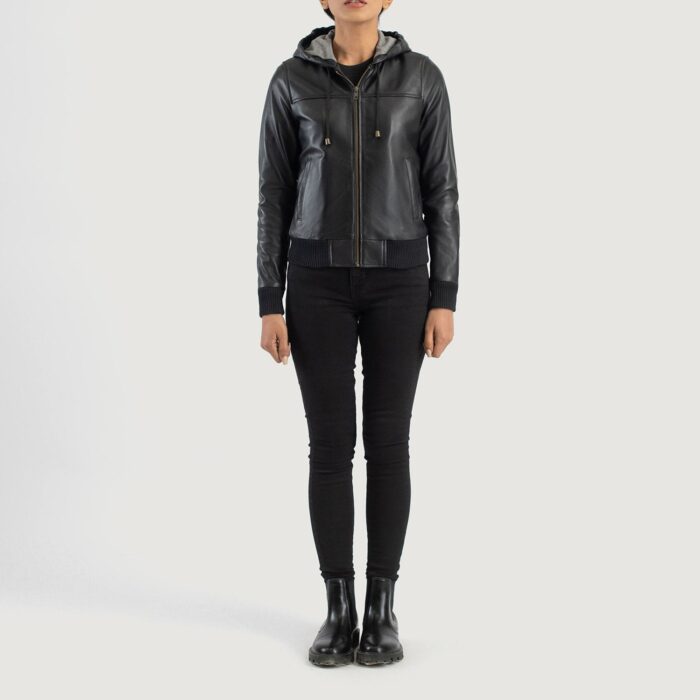 Rebella Black Hooded Leather Bomber Jacket 3
