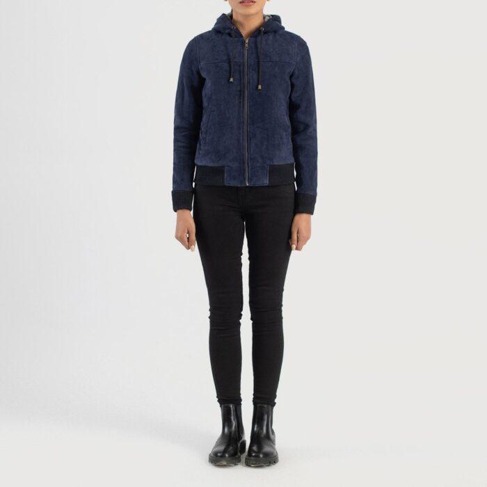 Rebella Blue Hooded Suede Bomber Jacket 3