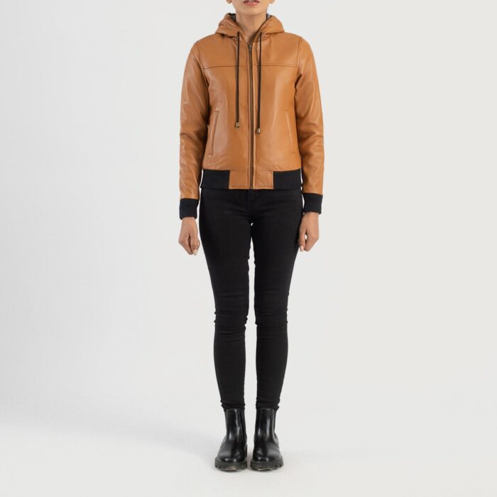Rebella Brown Hooded Leather Bomber Jacket 3