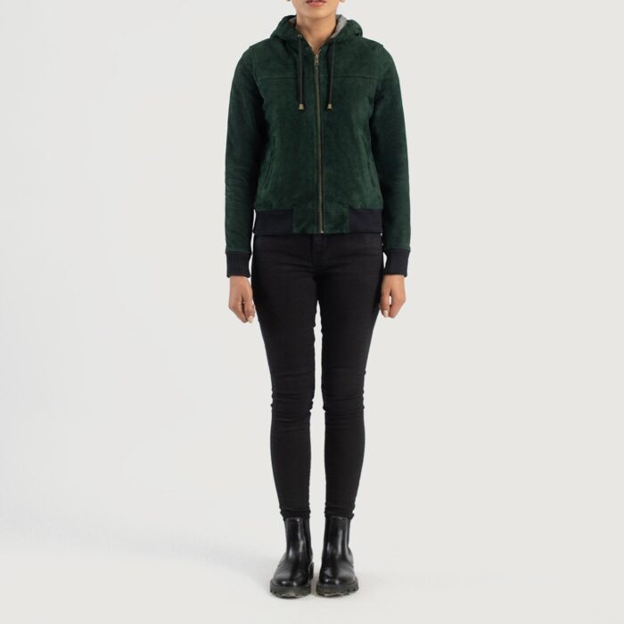 Rebella Green Hooded Suede Bomber Jacket 3