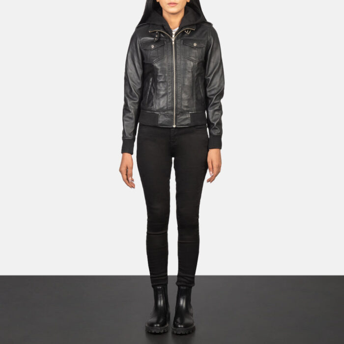 Roslyn Black Hooded Leather Bomber Jacket 3
