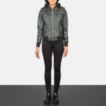 Roslyn Green Hooded Leather Bomber Jacket 3
