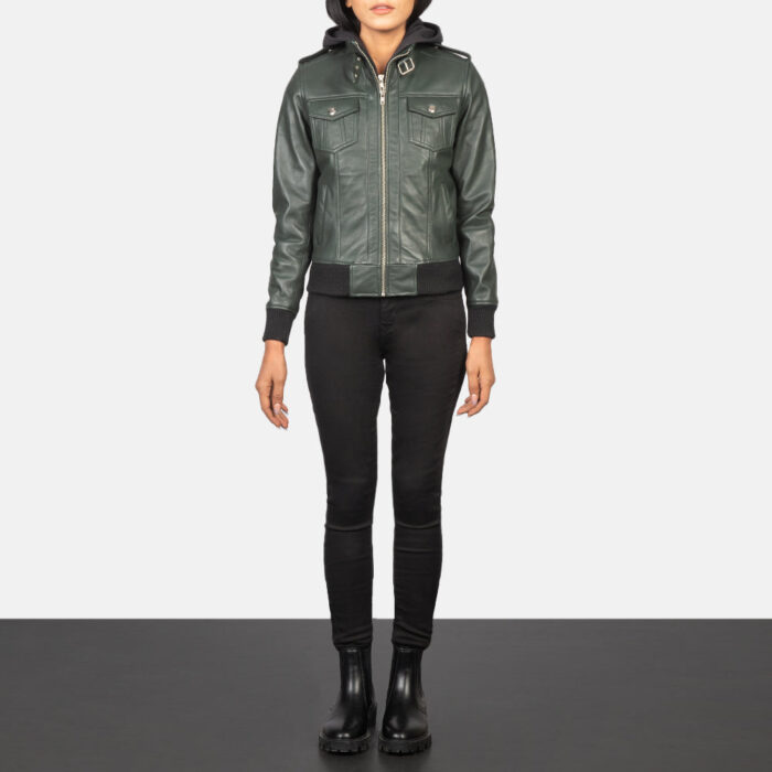 Roslyn Green Hooded Leather Bomber Jacket 3