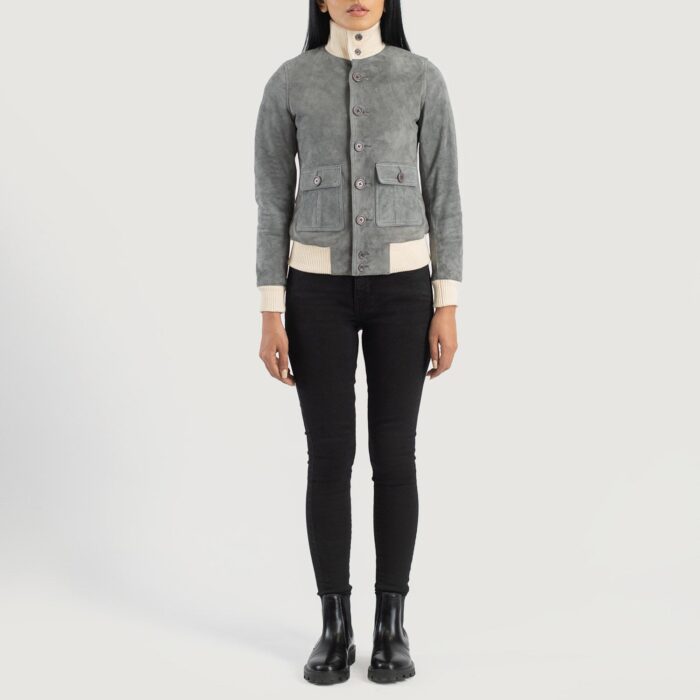 Sasha A1 Grey Suede Bomber Jacket 3