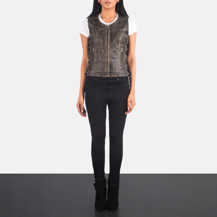 Vanda Distressed Brown Leather Biker Vest 3
